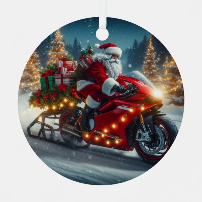 Santa Claus Riding a Ducati Motorcycle Sled  Metal Tree Decoration (Front)