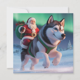 Santa Claus Riding a Giant Husky Throuh Snow Holiday Card