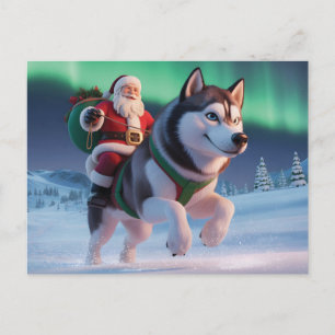 Santa Claus Riding a Giant Husky Throuh Snow Holiday Postcard