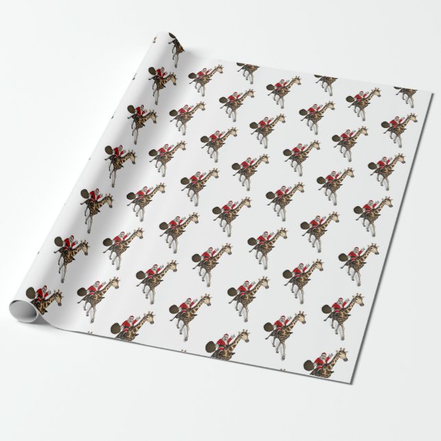 Santa Claus Riding A Giraffe Wrapping Paper (Unrolled)