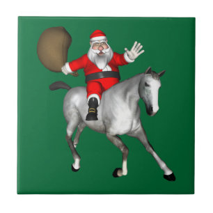Santa Claus Riding A Grey Horse Ceramic Tile