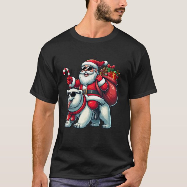Santa Claus Riding a Polar Bear Funny Christmas Bo T-Shirt (Front)
