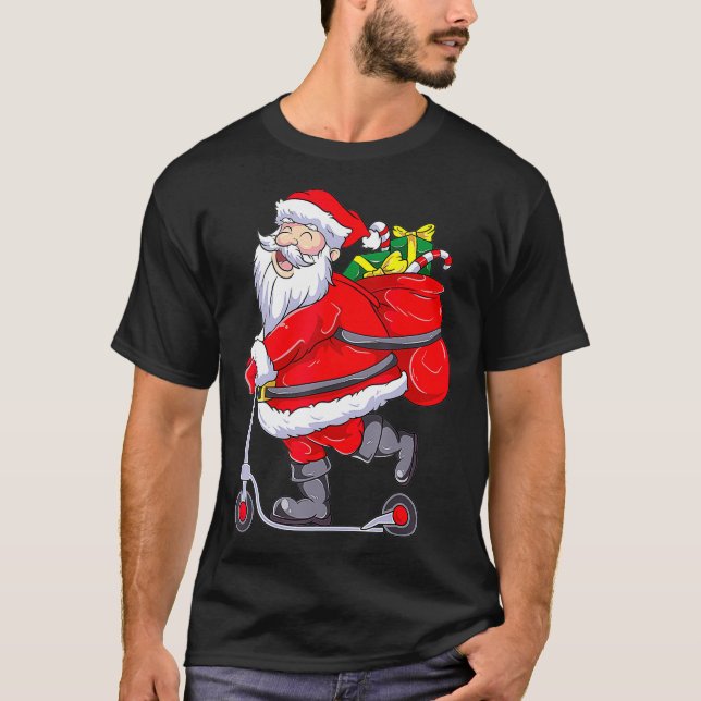 Santa Claus Riding a Push Scooter Funny Christmas  T-Shirt (Front)