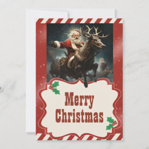 Santa Claus Riding a Reindeer Painting Holiday Card
