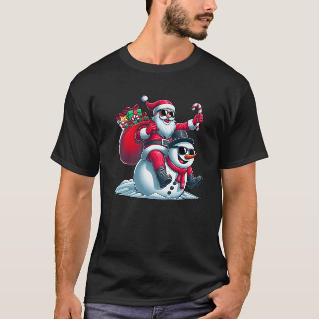 Santa Claus Riding a Snowman Funny Christmas Boys  T-Shirt (Front)
