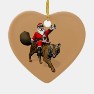 Santa Claus Riding A Tiger Ceramic Ornament