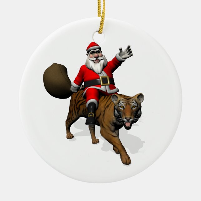 Santa Claus Riding A Tiger Ceramic Tree Decoration (Front)