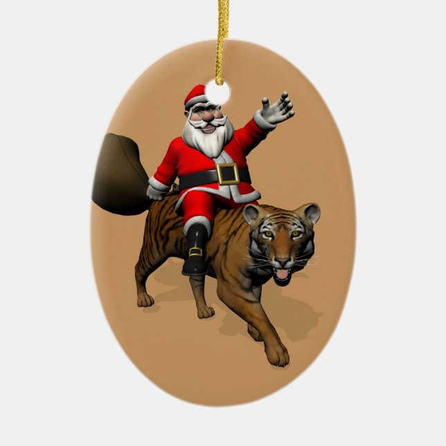 Santa Claus Riding A Tiger Ceramic Tree Decoration (Front)