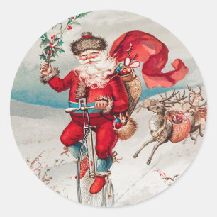 Santa Claus Riding Bicycle, Reindeer and Rabbit Classic Round Sticker