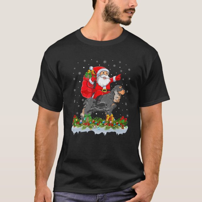 Santa Claus Riding Cocker Spaniel Dog Christmas T-Shirt (Front)