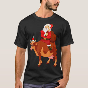 Santa Claus Riding Cow Christmas Pajama Kids Teens T-Shirt