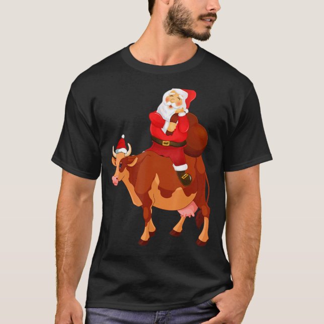 Santa Claus Riding Cow Christmas Pajama Kids Teens T-Shirt (Front)