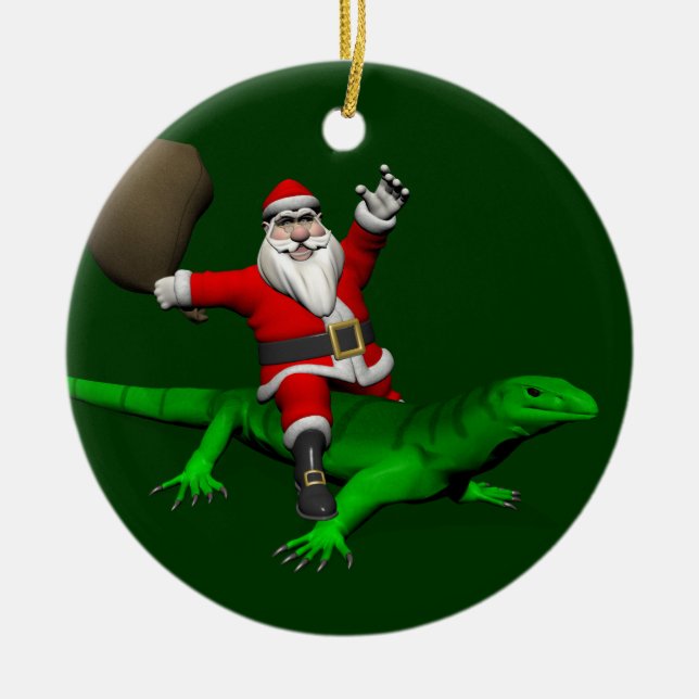 Santa Claus Riding Green Lizard Ceramic Ornament (Front)