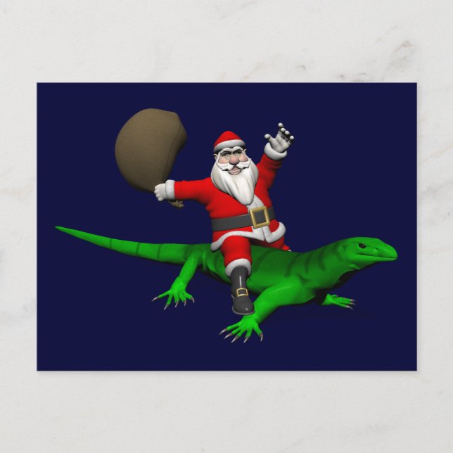 Santa Claus Riding Green Lizard Holiday Postcard (Front)