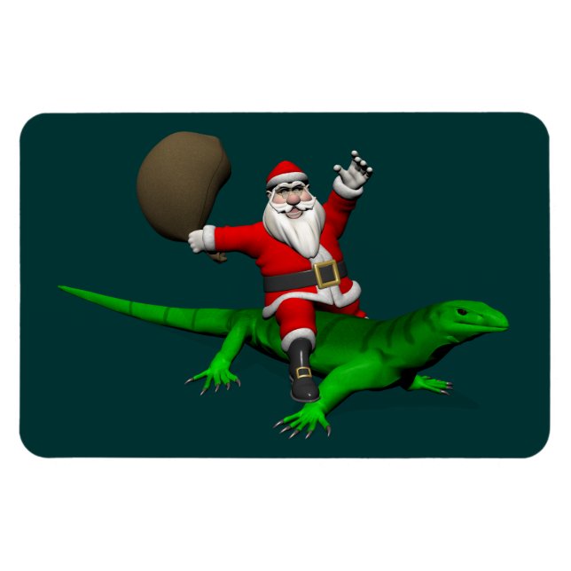 Santa Claus Riding Green Lizard Magnet (Horizontal)