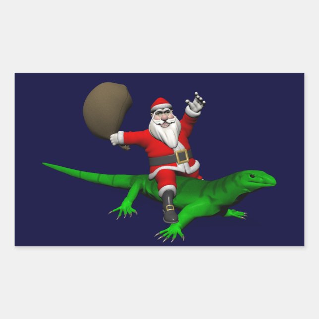Santa Claus Riding Green Lizard Rectangular Sticker (Front)