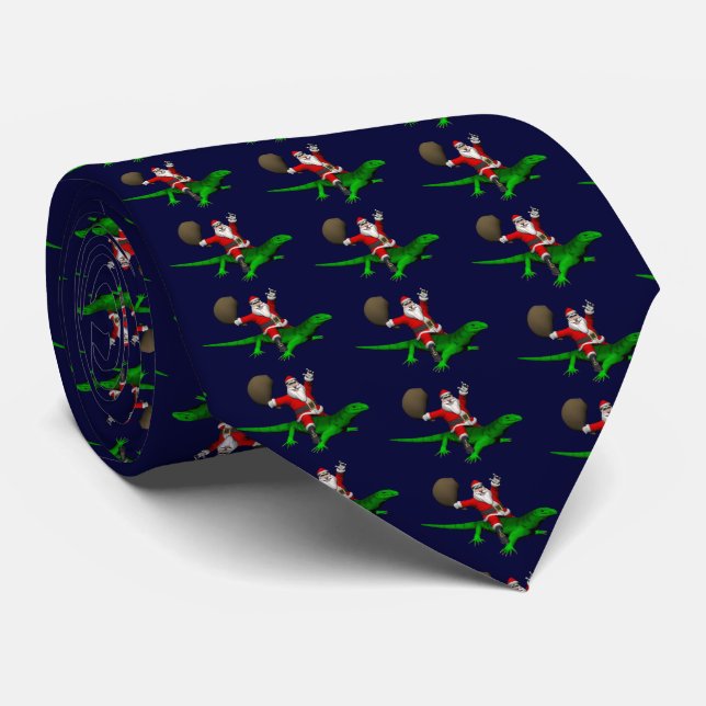 Santa Claus Riding Green Lizard Tie (Rolled)