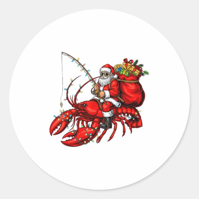 Santa Claus Riding Lobster Lights Christmas Fishin Classic Round Sticker (Front)