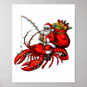 Santa Claus Riding Lobster Lights Christmas Fishin Poster