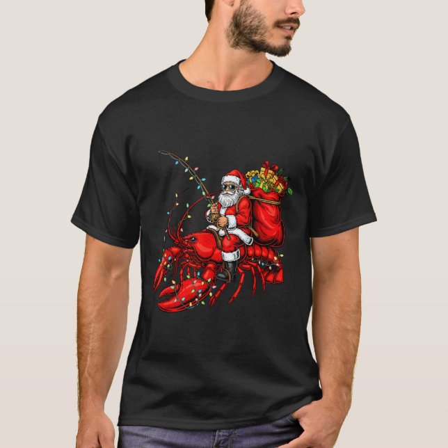 Santa Claus Riding Lobster Lights Christmas Fishin T-Shirt (Front)