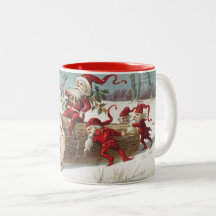 Santa Claus Riding Log as Elves Push and Pull