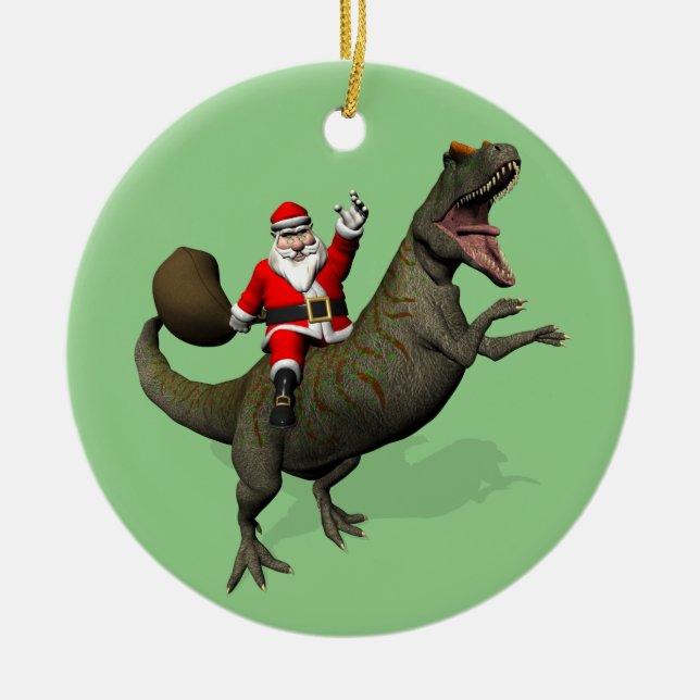 Santa Claus Riding On Allosaurus Ceramic Tree Decoration (Front)