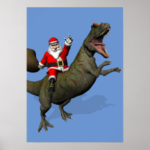 Santa Claus Riding On Allosaurus Poster