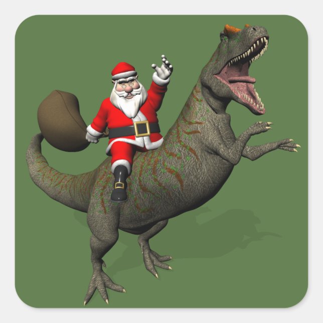 Santa Claus Riding On Allosaurus Square Sticker (Front)