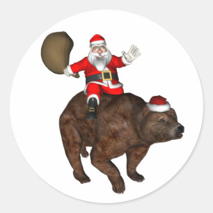 Santa Claus Riding On Bear Classic Round Sticker