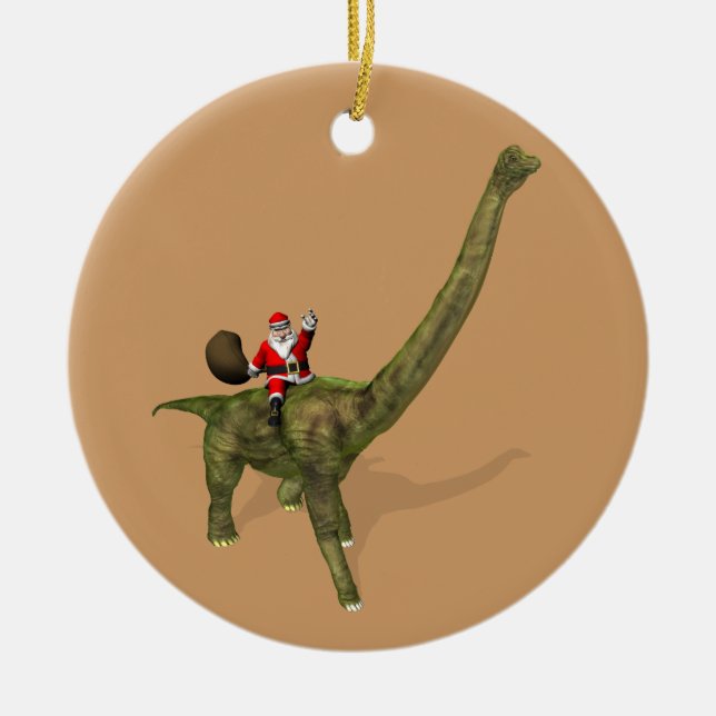 Santa Claus Riding On Brachiosaurus Ceramic Tree Decoration (Front)