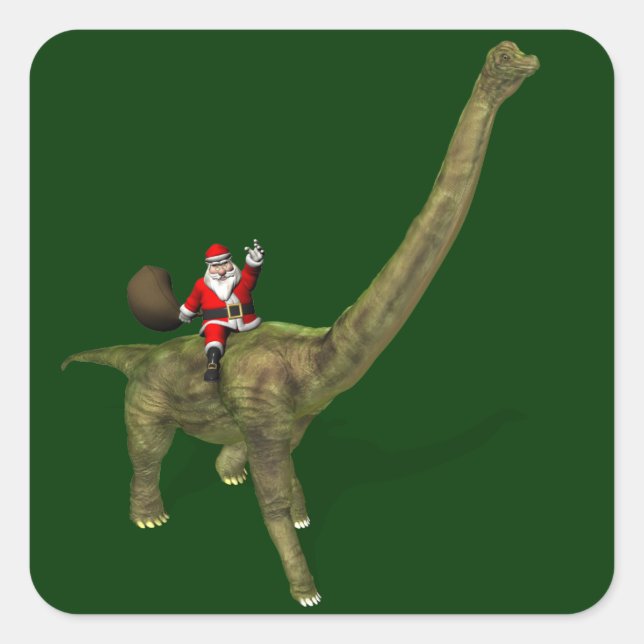 Santa Claus Riding On Brachiosaurus Square Sticker (Front)