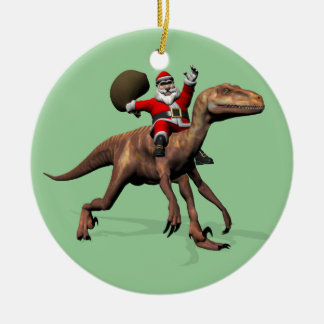 Santa Claus Riding On Deinonychus Ceramic Ornament