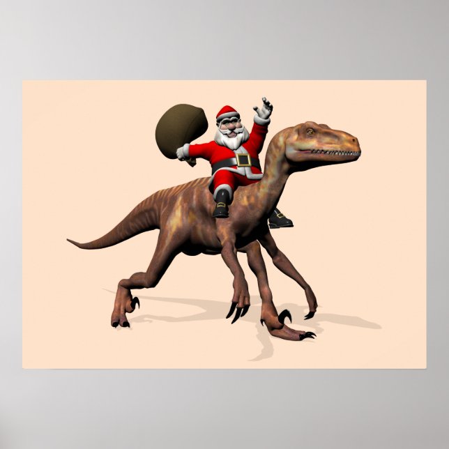 Santa Claus Riding On Deinonychus Poster (Front)