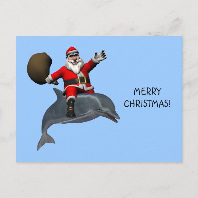 Santa Claus Riding On Dolphin Holiday Postcard (Front)