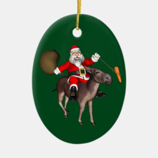 Santa Claus Riding On Donkey Ceramic Ornament (Front)