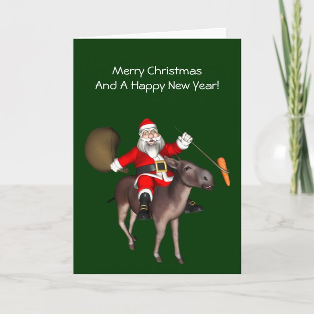 Santa Claus Riding On Donkey Holiday Card (Front)