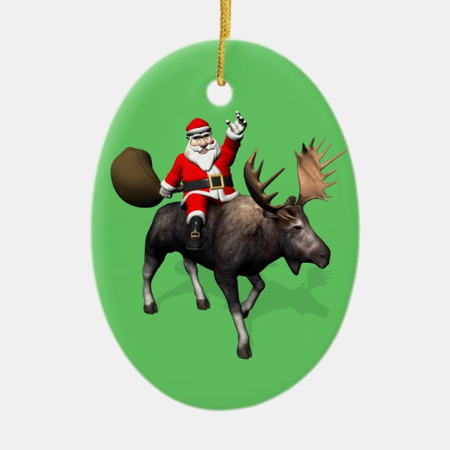Santa Claus Riding On Moose Ceramic Tree Decoration (Front)