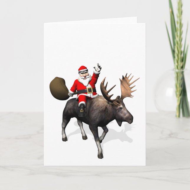 Santa Claus Riding On Moose Holiday Card (Front)