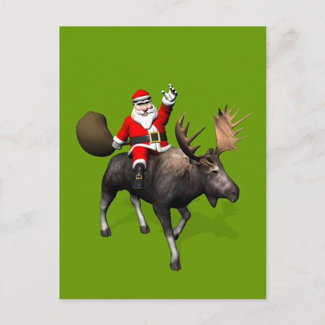 Santa Claus Riding On Moose Holiday Postcard (Front)