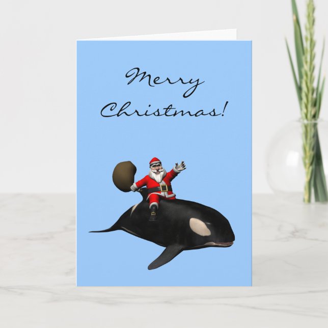 Santa Claus Riding On Orca Holiday Card (Front)