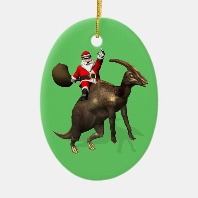 Santa Claus Riding On Parasaurolophus Ceramic Tree Decoration (Front)