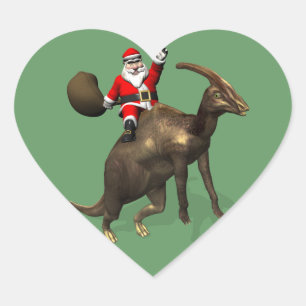 Santa Claus Riding On Parasaurolophus Heart Sticker