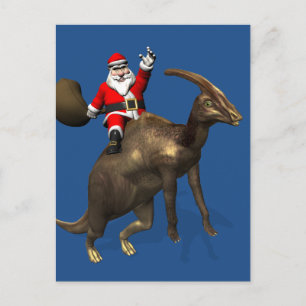 Santa Claus Riding On Parasaurolophus Holiday Postcard