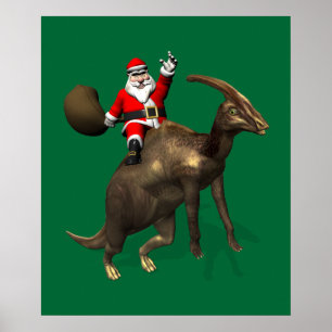 Santa Claus Riding On Parasaurolophus Poster