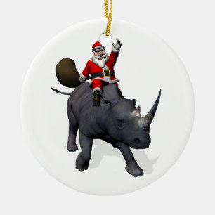 Santa Claus Riding On Rhinoceros Rhino Ceramic Ornament
