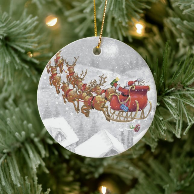 Santa Claus riding on sleigh with gift box Ceramic Ornament (Tree)