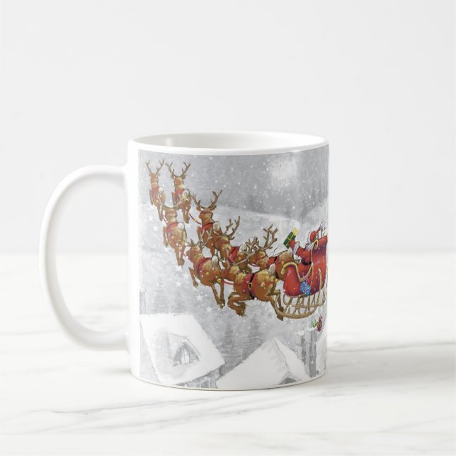 Santa Claus riding on sleigh with gift box Coffee Mug (Left)