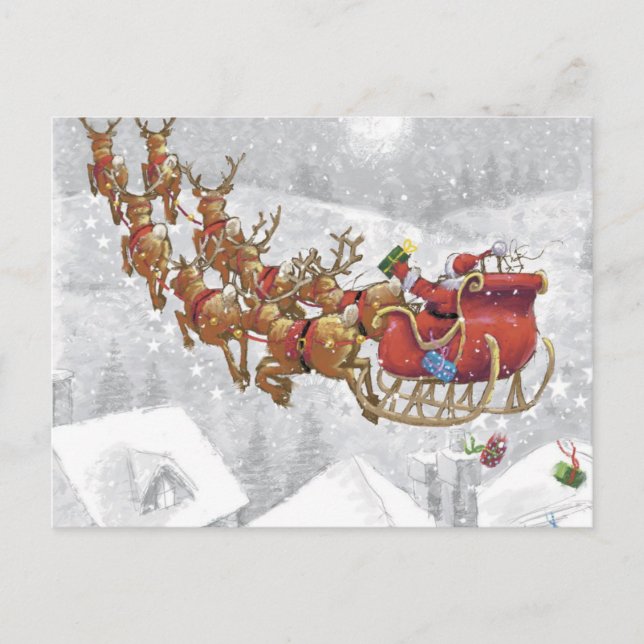 Santa Claus riding on sleigh with gift box Postcard (Front)