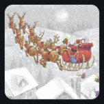 Santa Claus riding on sleigh with gift box Square Sticker<br><div class="desc">santa claus christmas reindeer, 
landscape sky moon smile, 
drawing cheerful driving merry, 
happy flying riding white , 
present sledge cartoon night, 
snow deer gift sled, 
holiday celebration illustration, 
red winter xmas sleigh , 
christmas santa claus reindeer , </div>
