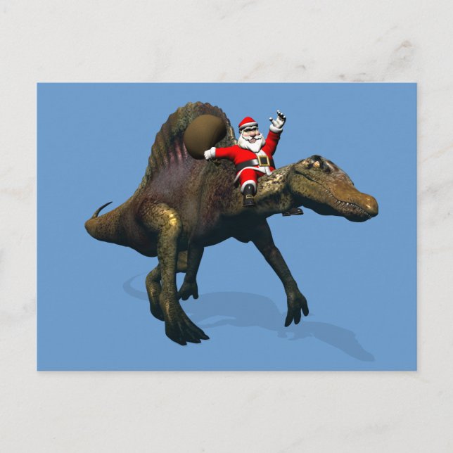 Santa Claus Riding On Spinosaurus Holiday Postcard (Front)